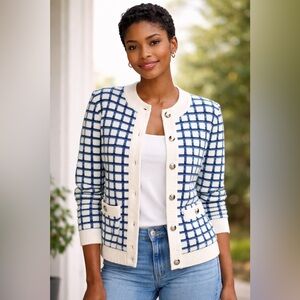NWT Talbots Petite Blue Ivory Plaid Lady Jacket Cardigan Textured Knit Sz LP